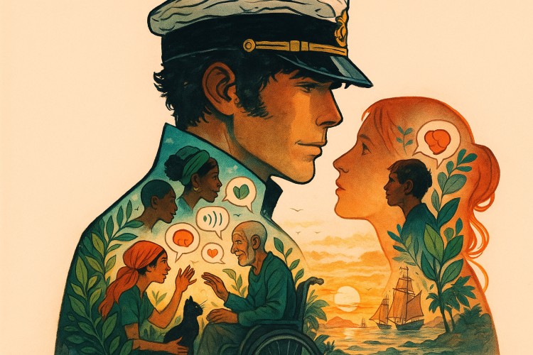 Corto Maltese, a corsair of past times, he travelled a lot. His silhouette has a picture representing communication - made with sora -